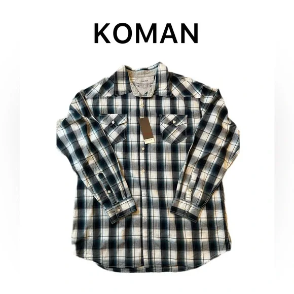 NWT Men’s KOMAN Long Sleeve Plaid Button Up 2XL - Picture 1 of 5